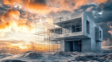 Fototapeta premium Modern architectural design with concrete structures under construction against a dramatic sunset sky and swirling clouds in the background