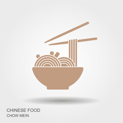 Bowl of chow mein noodles with chopsticks. Vector flat Illustration with shadow