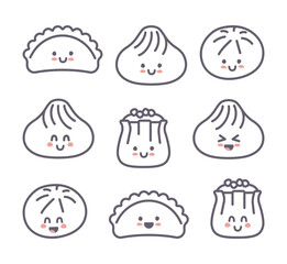 Set of Chinese kawaii dumplings. Xiao Long Bao, Siu Mai, Baozi. Vector stylized line art elements