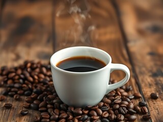 cup of coffee with scattered coffee beans