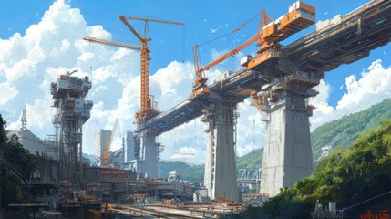 New construction site with cranes and mechanical equipment building concrete bridge pillars for a high-speed railway bridge.