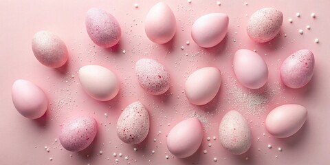 A Scattered Arrangement of Pastel Pink Easter Eggs with Delicate White Sprinkles on a Soft Pink Background
