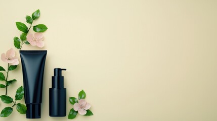 Elegant Cosmetic Display with Black Containers and Delicate Flowers on Soft Beige Background for Skincare Promotions