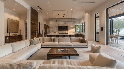 Fototapeta premium Contemporary living room interior design with a modular sofa, a travertine coffee table, and a monochromatic color scheme.