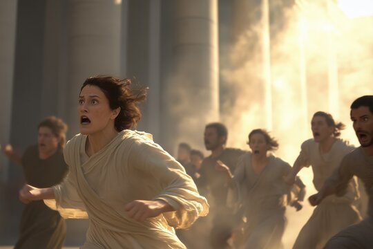 Digital illustration of history, showing Life in pompeij 70 a.c., people are scared and screaming running while the outburst of vesuv, historical recreation of life in pompeji, historical recreation