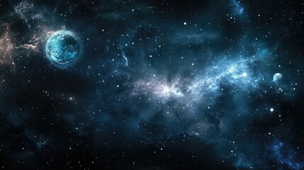 Obraz premium Vast cosmic landscape featuring the Milky Way galaxy and distant celestial bodies illuminated by starlight in a starry night sky