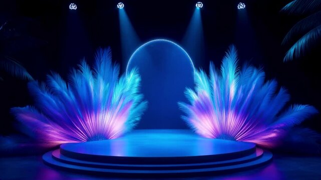 Elegant circular burlesque stage with vibrant blue and purple feather displays, glowing lights, and tropical-inspired ambience under a spotlight arch