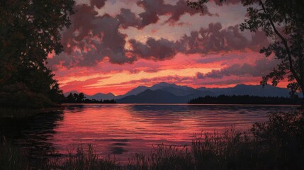 Naklejka premium Serene sunset reflections on a tranquil lake with vibrant red sky and dramatic clouds over distant mountains