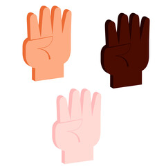 set of vector isometric icon of open palm showing four fingers in three skin colors