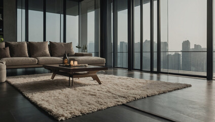 Modern Living Room with Sectional Sofa, Coffee Table, and City View