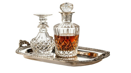 Crystal Decanter with Silver Stand on transparent background PNG.