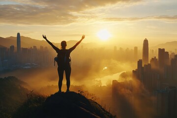 Fototapeta premium A proud hiker stands triumphantly atop a rocky peak with arms raised in celebration against a vibrant sunset, symbolizing personal achievement and the pursuit of dreams and life goals