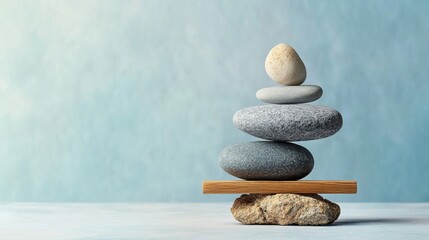 Tranquil Stacked Stones on a Wooden Board Against a Soft Background