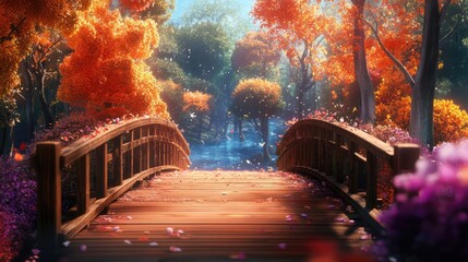 Serene Wooden Bridge Framed by Vibrant Autumn Trees and a Tranquil Waterway