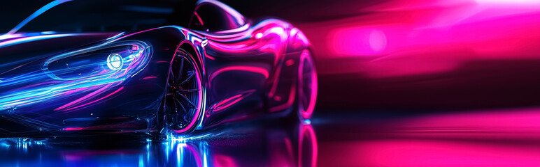 Neon luxury sports car outline against blurred black and pink background. 