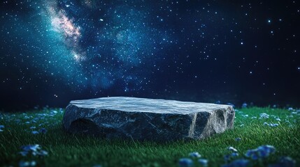 Granite podium rock table under night sky with Milky Way for beauty or cosmetic product presentation and display banner background design