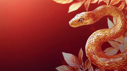 Obraz premium An elegant golden snake entwined with tropical leaves on a deep crimson background, perfect for Year of the Snake celebrations, luxury decor, or exotic-themed events.