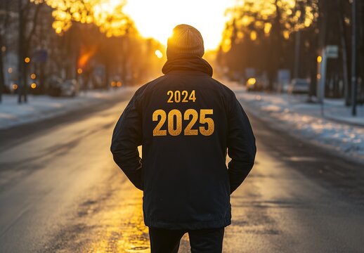 A man is jogging in the morning on an empty street, wearing a dark coat with the golden numbers "2024" and the number "2025" - Powered by Adobe
