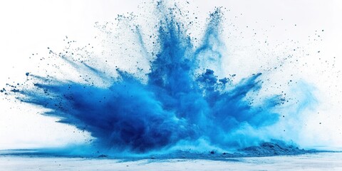 Obraz premium A vibrant blue powder explosion against a stark white backdrop, showcasing the dynamic energy and artistic beauty of color in motion.