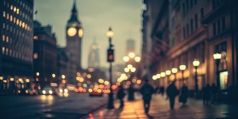 Naklejka premium A captivating evening streetscape, blurred for artistic effect, showcasing the warm glow of streetlights and the distant silhouette of a prominent clock tower