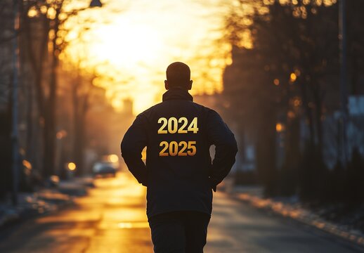 A man is jogging in the morning on an empty street, wearing a dark coat with the golden numbers "2024" and the number "2025"
