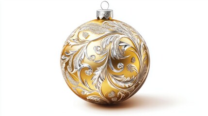 Radiant golden Christmas ball with a detailed embossed design and silver glitter accents, isolated on white. Vector art of a shiny ornament.