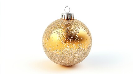 Radiant golden ornament with silver glitter and embossed textures, floating against a white backdrop. 3D vector illustration of a Christmas ball.