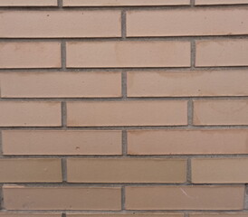 Clean brick wall facade with uniform rectangular beige tiles and precise mortar lines. Ideal for architectural texture references, building materials, design backgrounds and urban documentation