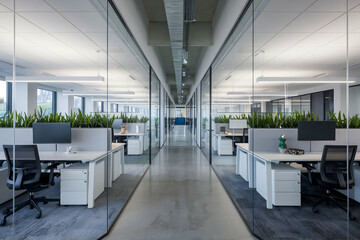 Obraz premium Sleek office corridor lined with workstations, natural light enhancing modern design