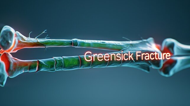 Illustration of a Greensick fracture, highlighting an incomplete fracture in a child's bone, showcasing anatomical details and vivid colors.