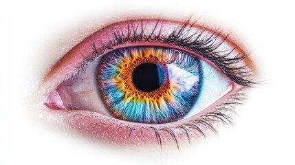Fototapeta premium Realistic human eye with vibrant colors in the iris, detailed veins clearly visible, isolated on a white background.