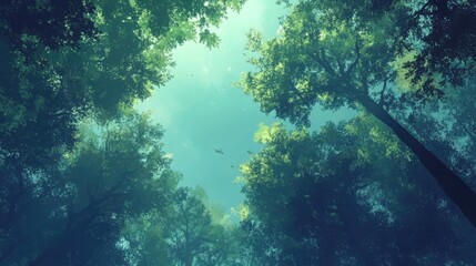 Obraz premium Lush forest canopy viewed from below creating a serene and tranquil natural atmosphere with dappled sunlight filtering through the leaves