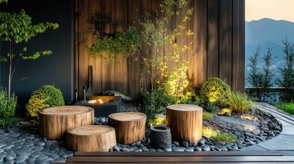 Fototapeta premium Tranquil Outdoor Living Space with Natural Wood Elements and Lights