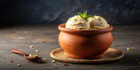 Traditional Indian matka kulfi ice cream in earthen pot , dessert, frozen, treat, flavor, creamy, tasty, delicious, homemade