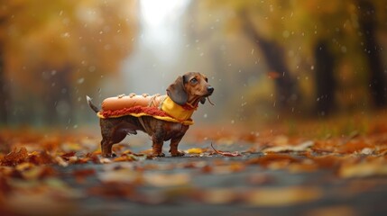 Obraz premium A dachshund in a hotdog costume, walking on a leafcovered path, overcast sky, side profile shot, shallow depth of field, highly detailed texture, photorealistic fall scene