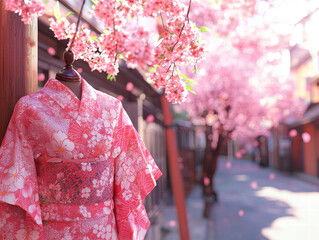 beautiful pink kimono displayed under cherry blossom trees, evoking serene Japanese cultural atmosphere