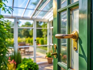 Elegant Bronze Gold Door Handle on White Door of Charming Green House with Window Pane, Highlighting Elegant Design and Inviting Aesthetic for Home Decor Inspiration