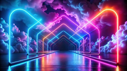 Abstract neon lights with clouds on modern futuristic background, glowing colors, neon lights, abstract, clouds