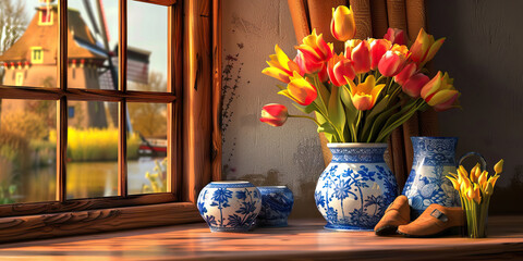 Still Life with Tulips, Porcelain, and Windmill View © Lila Patel