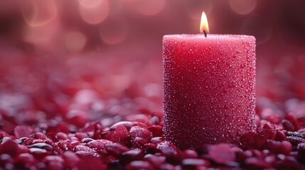 Red candle glowing on a bed of decorative stones and soft background light.