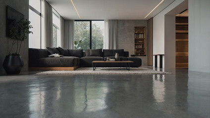 Modern living room with large windows, dark sofa, wooden coffee table, and polished concrete floor