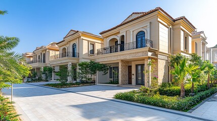 Luxury villas, Mediterranean architecture, sunny day.