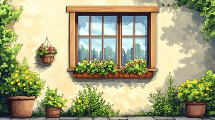 Charming country house window with wooden frame and vibrant flower pots on a sunlit wall surrounded by greenery