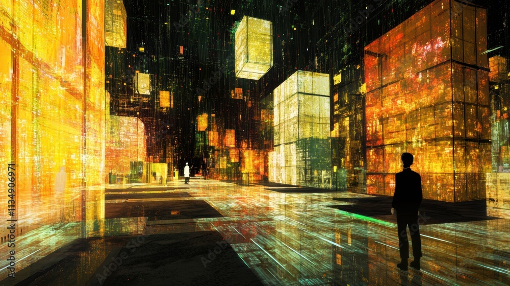 Leinwandbilder visitors explore a stunning digital gallery, surrounded by glowing artworks and towering illuminated