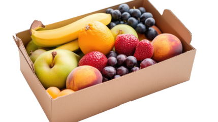 Fruit Basket Delight: A vibrant mix of fresh fruit, including bananas, grapes, apples, strawberries, and peaches, arranged in a rustic wooden box. Perfect for a healthy snack or a thoughtful gift.