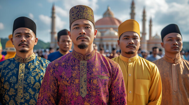 a group of muslim men  wearing malay traditional cloth infront of the mosque at indonesia city