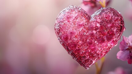Fototapeta premium Frozen heart with pink flowers in a soft background.