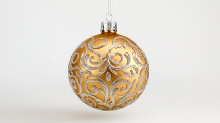 Shimmering golden ornament with embossed patterns and silver glitter detailing, hanging against a crisp white backdrop. 3D vector art.