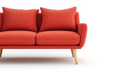 Fototapeta premium Stylish red sofa with cushions on white background perfect for modern interior design and furniture advertising