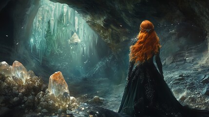 A Woman in a Black Dress Gazing at an Icy Cave Entrance with Crystal Formations and Flying Moths